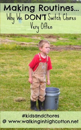 Making Chore Routines...and Why We Don't Switch Chores Very Often #kidsandchores {via www.walkinginhighcotton.net} With examples of how to make your own chore routines