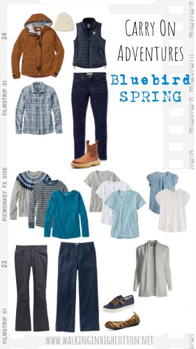 Carry on travel. Spring in blues and grays. Travel Capsule for every day adventures. Walking in High Cotton.